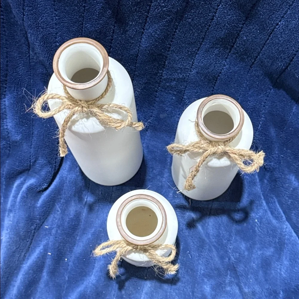 Rustic White Ceramic Bottles with Twine Accent - Set of 3 - Picture 2 of 2